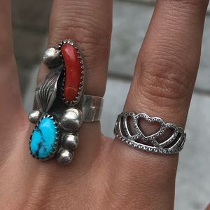Sterling silver Navajo turquoise and coral ring!